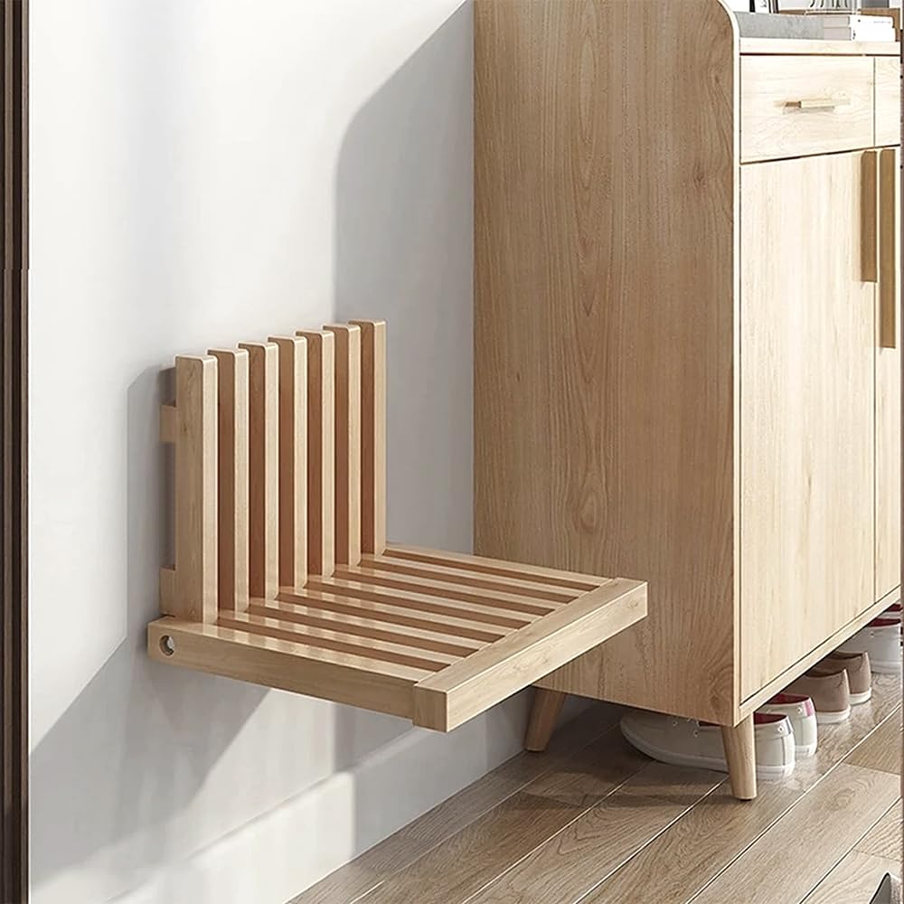 Wall Mounted Foldable Solid Wood Bench, Multi-Purpose Fold Down Wall Seat
