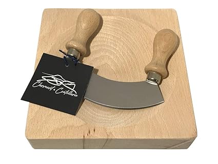 Premium Mezzaluna Rocking Vegetable Chopper and Mincing Knife, 5.5-Inch Stainless Steel Curved Blade with Wooden Handles and Natural Wood Bowl by Clermont Coutellerie