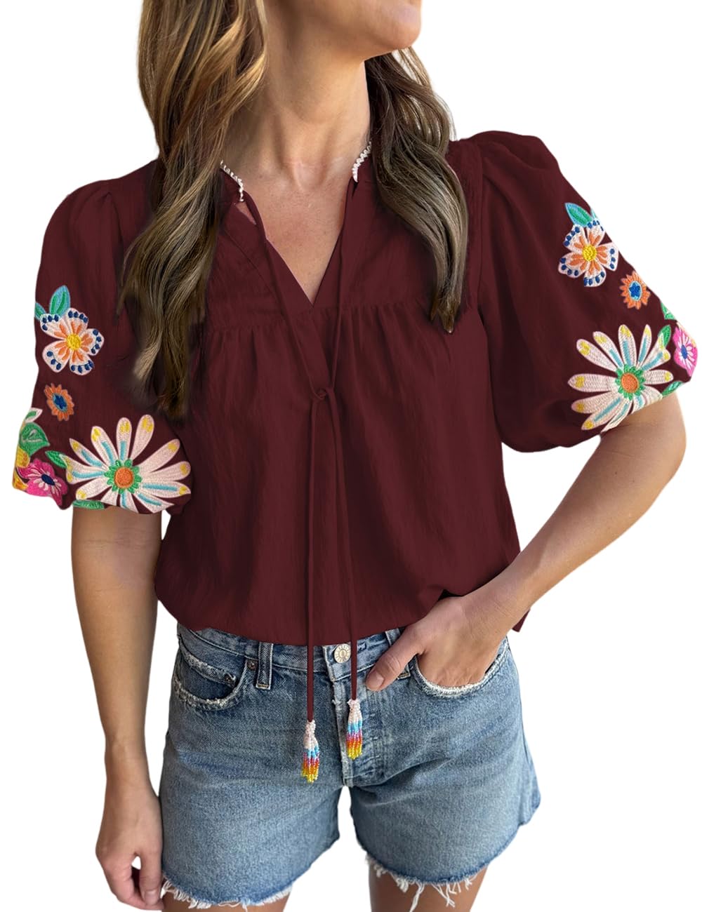 Women's Casual Floral Embroidered V Neck Boho Puff Short Sleeve Shirts Loose Tunic Summer Blouses Tops Fashion Clothes 2025
