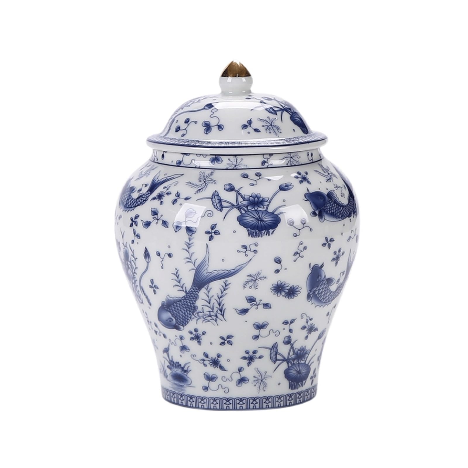 Porcelain Ginger Jar Traditional Jingdezhen Ceramic Vase Floral and Fish Chinoiserie Decor Tea Storage Jar with Lid Temple Jar(9.4x19cm)