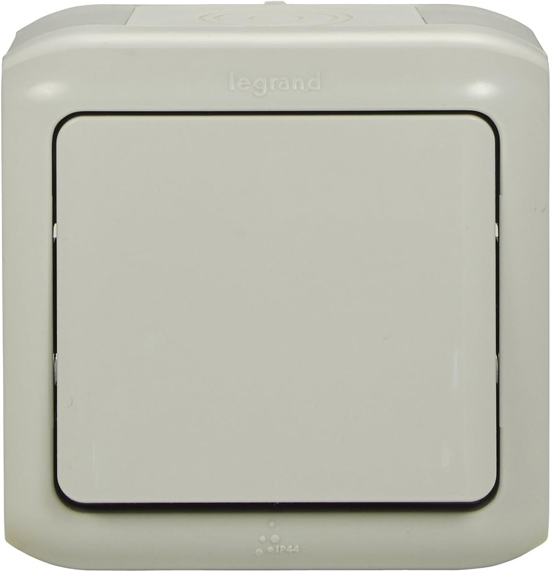 Front view of the Legrand 782384 Forix IP44 surface-mounted switch, showing its grey exterior and push-button interface.