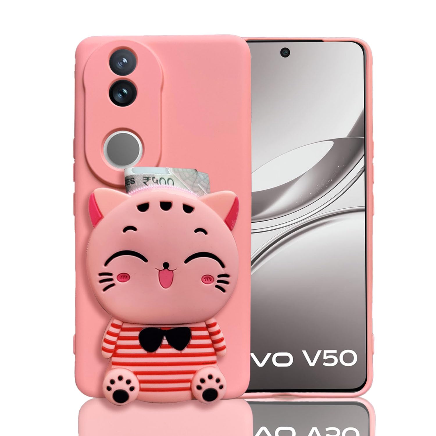 KC Back Cover for Vivo V50 5G / V50e 5G / T4r 5G / Z10r 5G - Cat Stripe Kitten with Purse Case with Camera Protection (Pink)