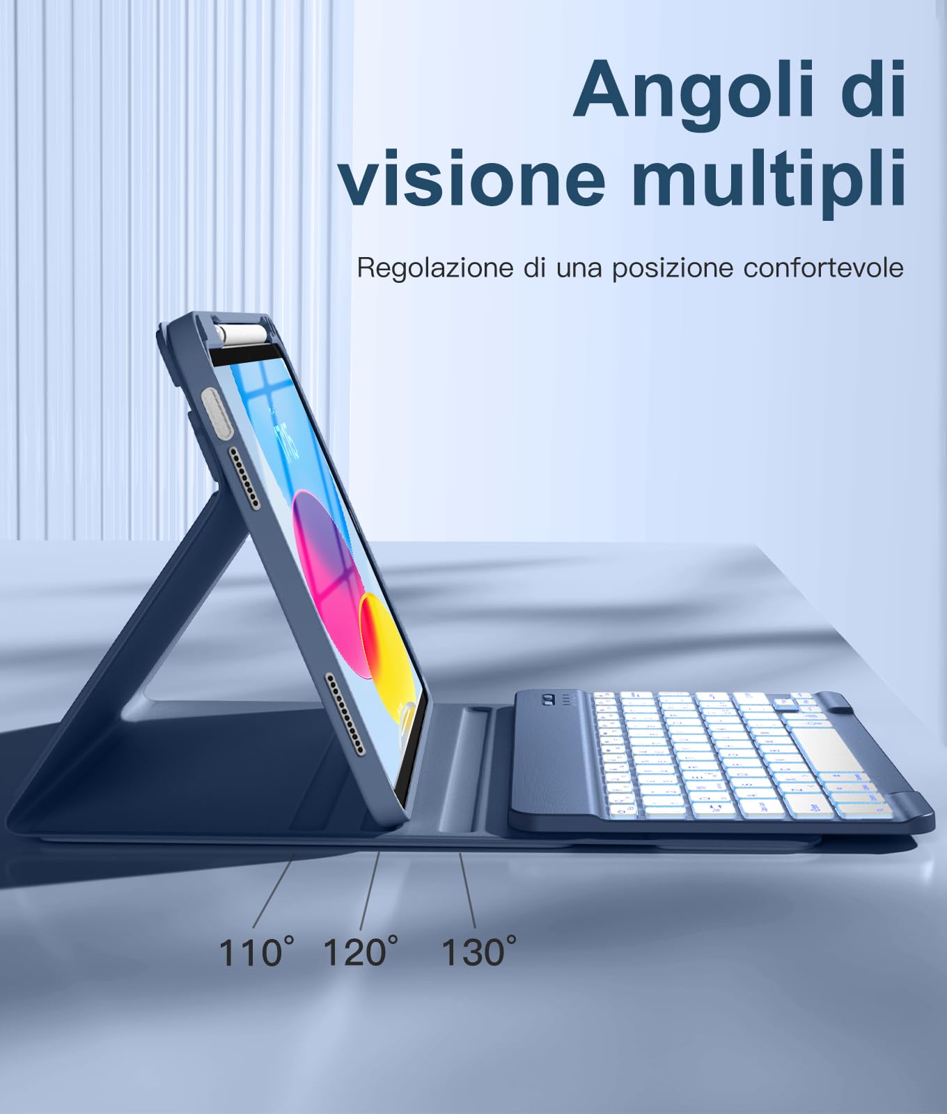 Vobafe Cover iPad A16 11 10 Generazione con Tastiera (11/10.9 Pollici, 2025/2022), Italiano QWERTY con 7 Colori Illuminato, Senza Fili Staccabile Custodia Tastiera con Portapenna, BluGrigio