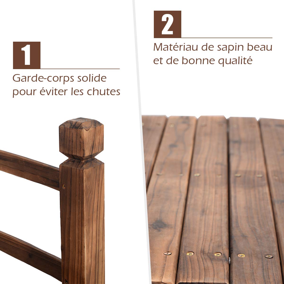DREAMADE Pont de Jardin en Sapin Charge Maximale 150KG Tablier en Coubure avec Rampes de Deux Côtés 150 x 67 x 55CM Décoration du Jardin Pont de Bassin en Plein Air (Brun)