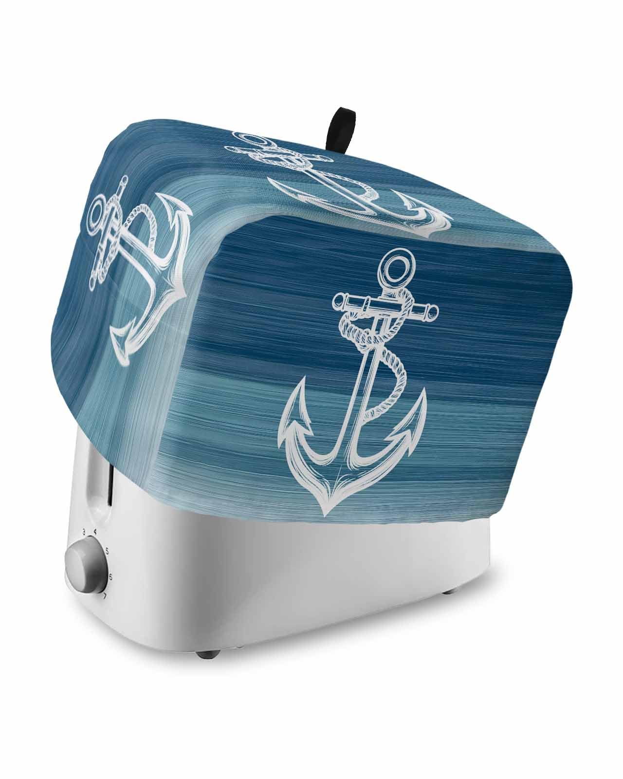 Nautical White Anchor Toaster Cover 4 Slice, Blue Gradient Ocean Abstract Dustproof Bread Machine Oven Cover with Storage Pockets, Fits Most Kitchen Toasters Protector