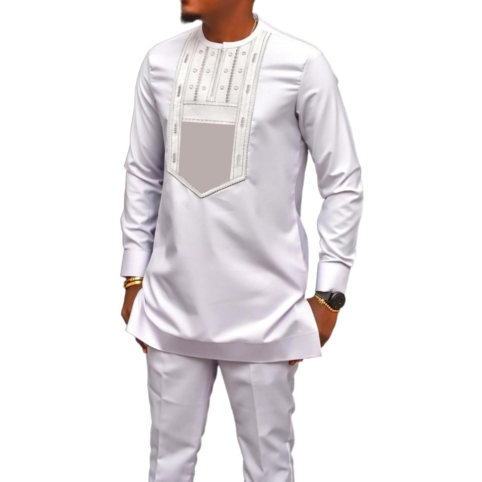 African Mens Clothing 2 Piece Set Dashiki Shirts and Pant Traditional Suit Long Sleeve Attires Wedding Outfit(White,XXL)