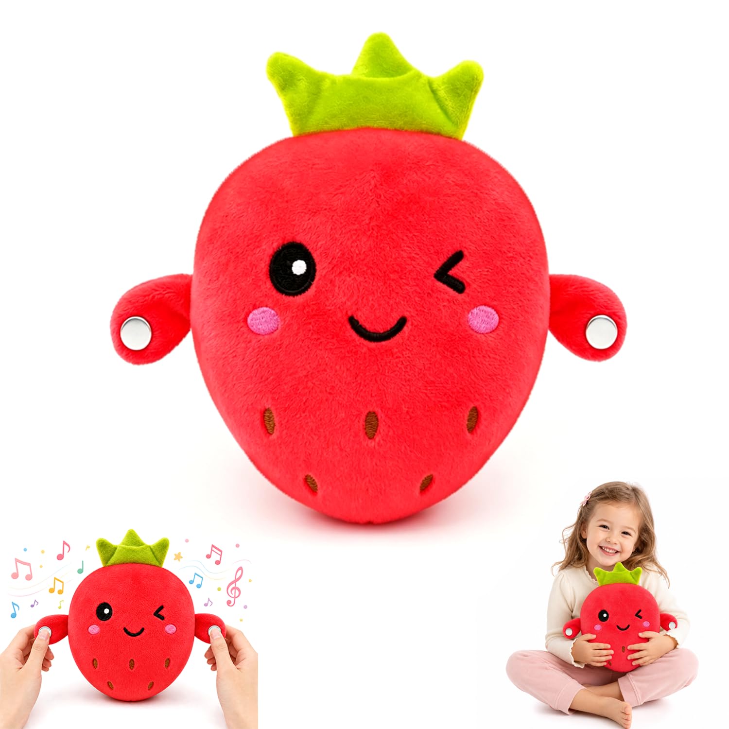 AUOQZ Interactive Music Plush Toy Strawberry Interactive Touch Sensor Musical Plush for Parent-Child Time Educational Body-Sensing Soft Fruit Plush Sensory Doll Gift for Kids Birthday (Need Battery)