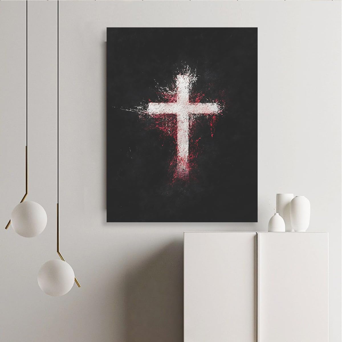 TOANGWALL Religijne płótno ścienne postarzany biały krzyż obraz ścienny czerwona farba w sprayu wydruki do dekoracji salonu oprawione obrazy ścienne 85 x 100 cm