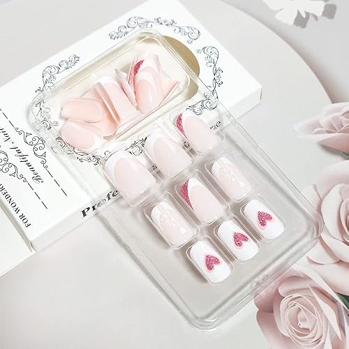 Miniatura 1 de Uñas postizas a presión para el día de San Valentín, uñas postizas largas con diseño de corazón blanco y rojo, uñas acrílicas de San Valentín, uñas