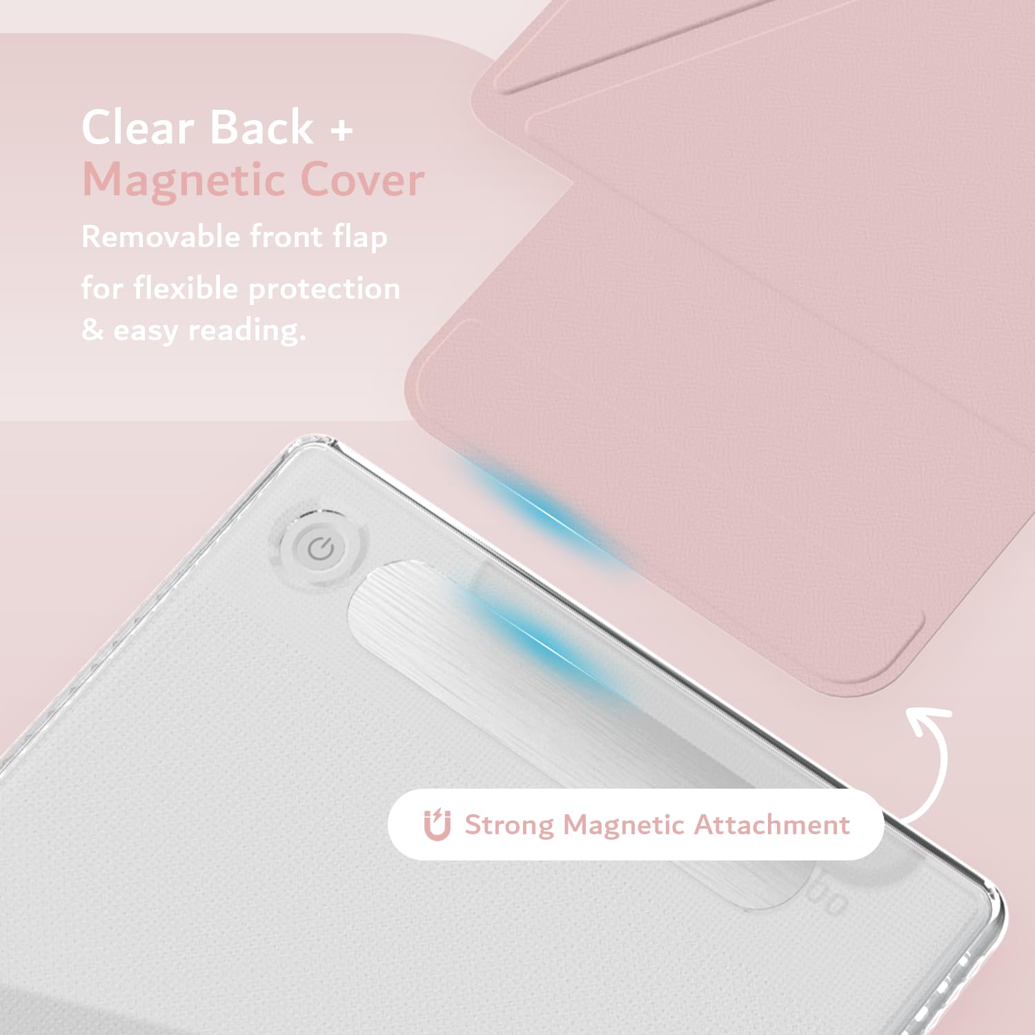 TUDIA M-FLIP Detachable Clear Magnetic Case for Kobo Libra Colour (2024) - [Auto Wake/Sleep] Shockproof Slim Transparent Back Magnetic Fold Cover with Stylus Holder (Pink) — view 6