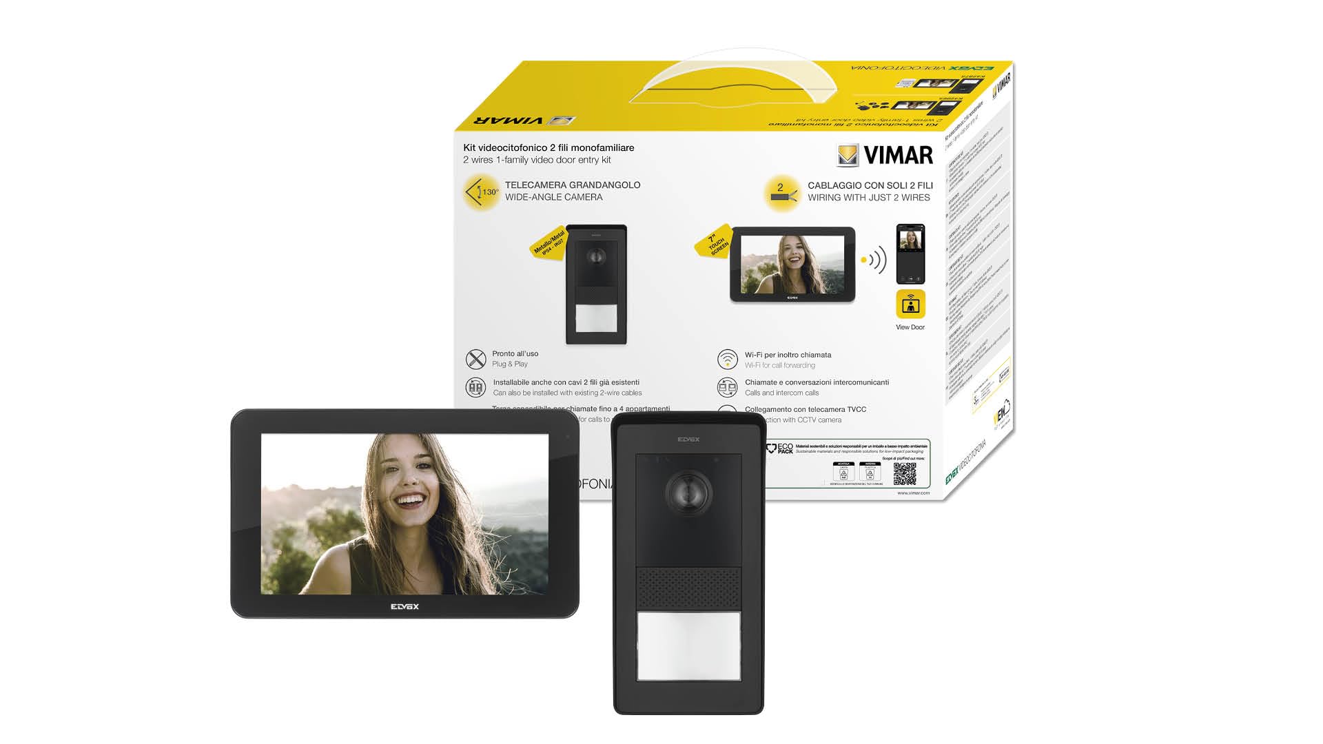 Vimar K42975 Kit videocitofonico da parete, videocitofono touch vivavoce Wi-Fi a colori LCD 7", targa audiovideo 1 pulsante, 1 alimentatore 40103, con staffe per il fissaggio a parete, nero