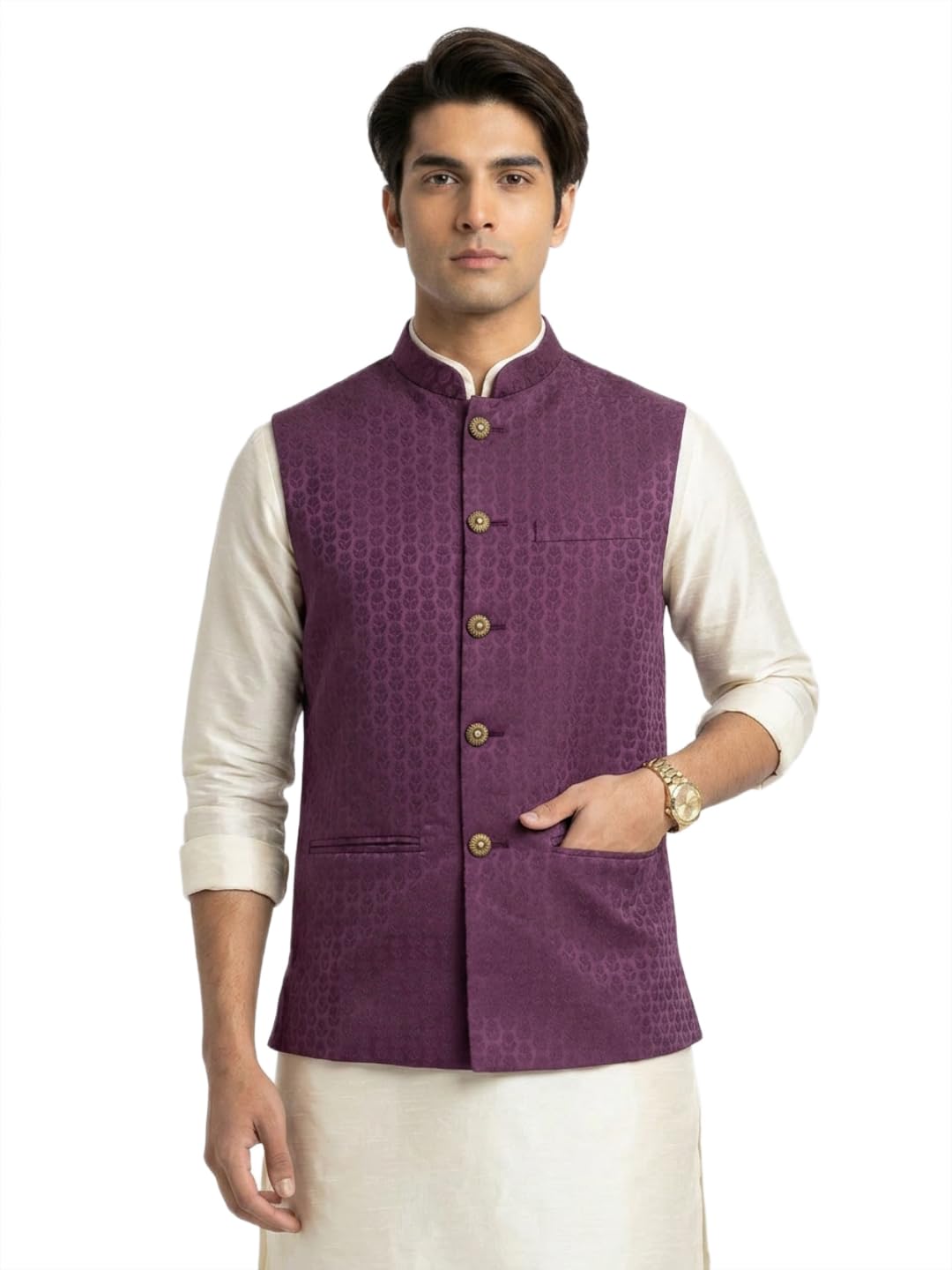 sanman ethnix by raymond Men Regular Fit Jacquard Pattern Pure Polyester Mandarin Collar Sleeveless Festive Bundi-picture-15