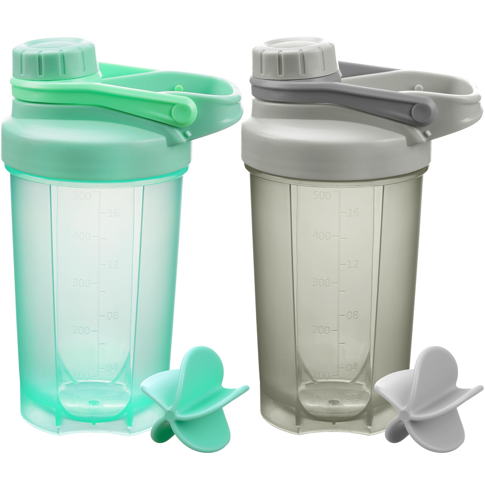Alaoo Protein Shaker, 2 Stück 500ml Proteinshaker Flasche, Fitness Shaker mit 2 Mixball Plastik, BPA-frei und Auslaufsicher Proteinshaker mit Messskala für Proteinpulver und Proteinshake (Grau+Grün）