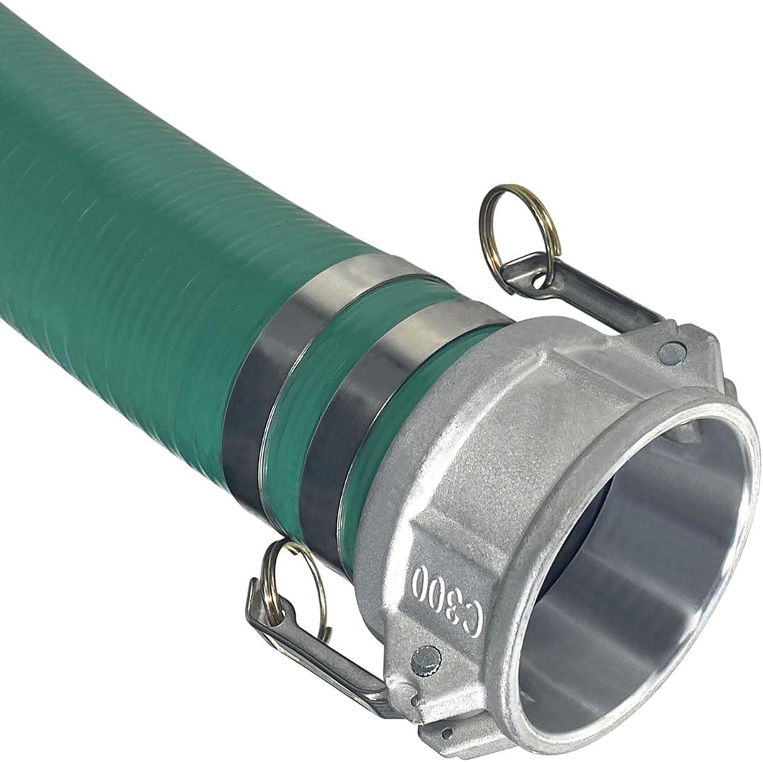 Gloxco Heavy Duty Green PVC Suction Hose Assembly for Water Transfer, 3" Inside Diameter, Installed Male x Female Cam and Groove Fittings, 20 ft Length