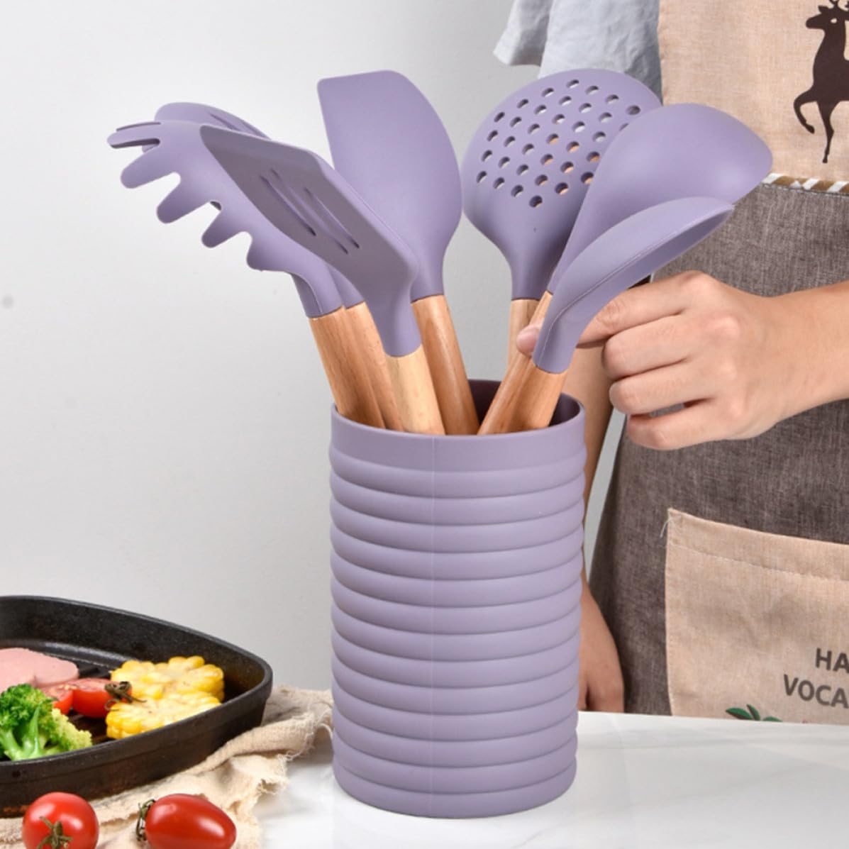 Set Utensili Cucina in Silicone Manico in Legno