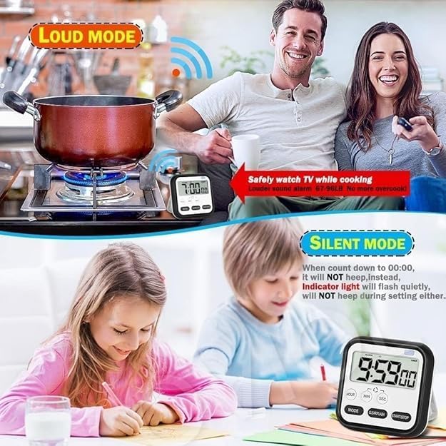 Image of Digital Study & Kitchen Timer with Large LCD Display - 24-Hour Countdown Stopwatch with Loud Alarm, Flashing Light, Magnetic Back & Stand - Perfect for Cooking, Studying & Time Management