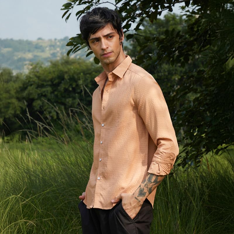 Image of CAHOOT Men's Olive Shirt Casual Wear | Shawl Collar | Long Sleeve | Button Closure | Shirt Crafted with Comfort Fit for Everyday Wear