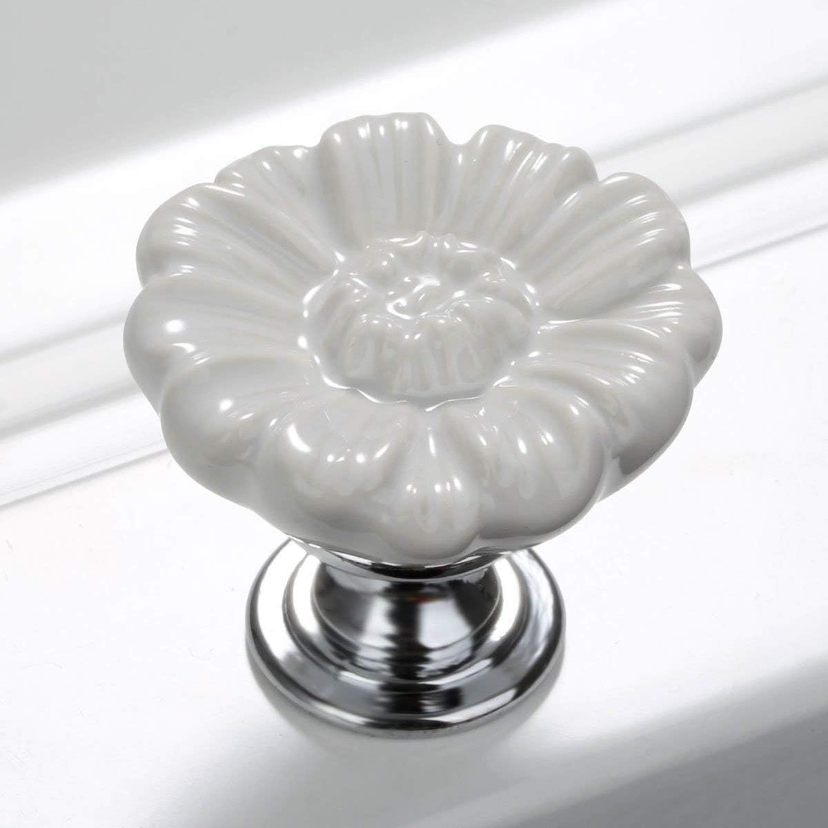 6 Pack Vintage Cabinet Knobs White Ceramic Drawer Handles Cupboard Dresser Wardrobe Closet Door Knobs Pulls Kitchen Furniture Knobs with Long Short Screws, Chrysanthemum Daisy Flower Shaped
