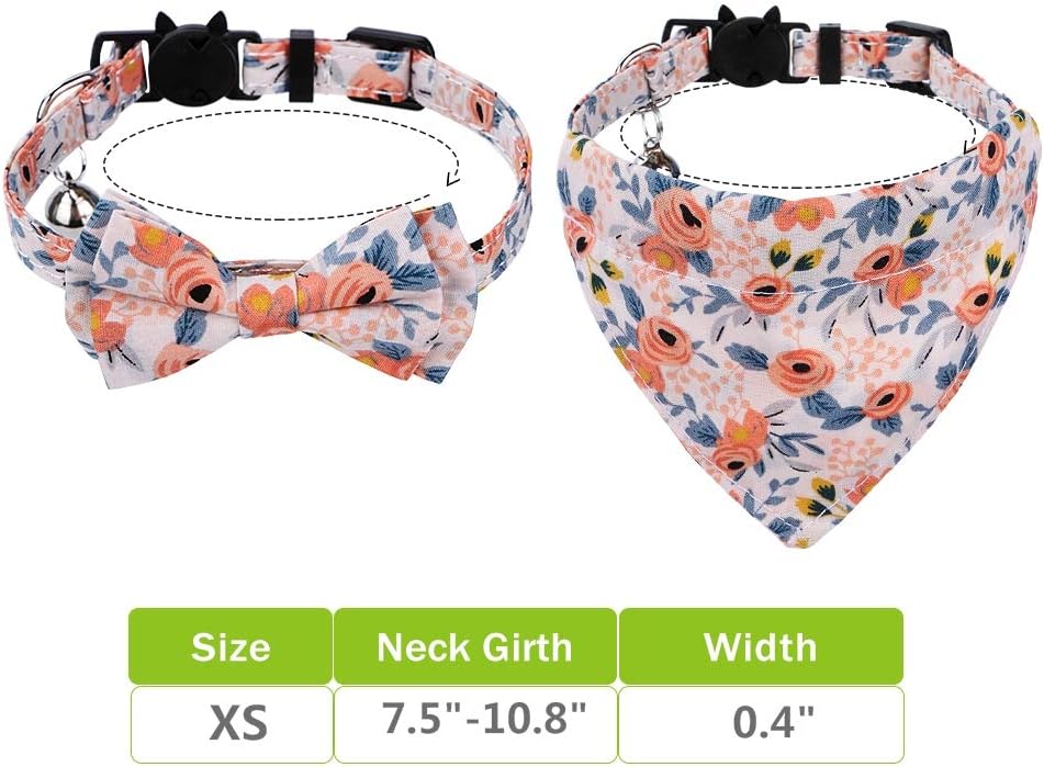 chede 2/1 Pack Cat Collar Breakaway with Bell Bowtie,Christmas Cat Collar,Classic Design,Adjustable Safety Kitty Kitten Collars(7.5"-10.8") (Pink Flower Collar+Bandana)