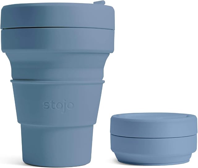 STOJO On-The-Go Mini Collapsible Coffee Cup - 8oz / 237ml - Reusable & Foldable Silicone Travel Mug with Lid - Portable, Pocket Size - Dishwasher Safe - Steel Blue