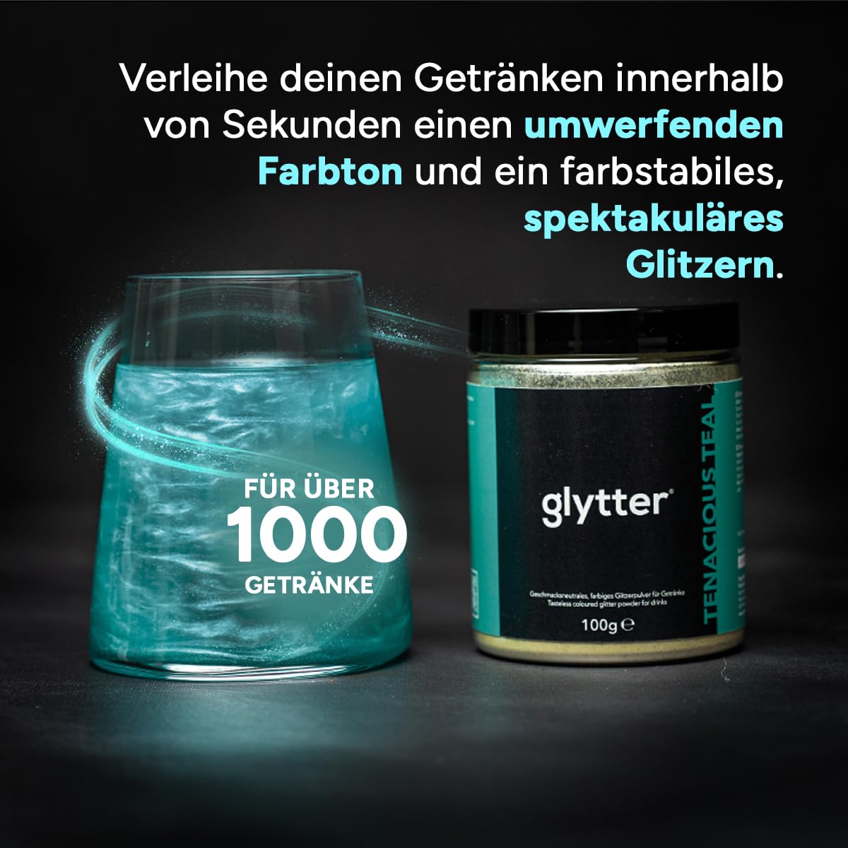 Glytter Glitzerpulver für Getränke (Türkis) - essbarer Glitzer für Drinks, Cocktails, 1000 Getränke MADE IN GERMANY