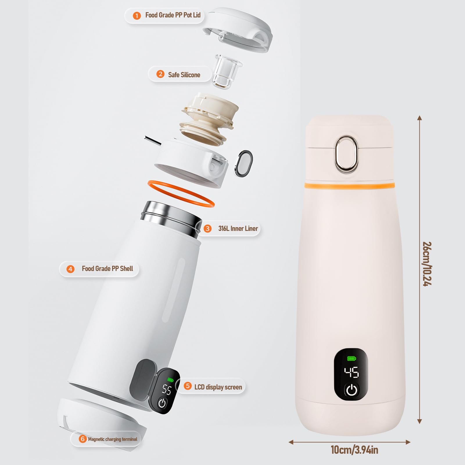 Chauffe Biberon Portable, 350ml Chauffe Biberon USB, Maintien au chaud (jusqu'à 24h), Tempérture Réglable 37°C a 55°C