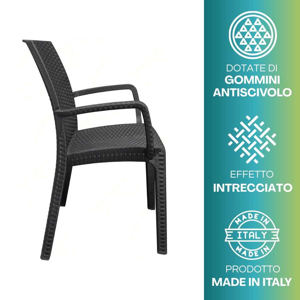 PALUPLUS Set 4 Sedie da Giardino con Braccioli in Polipropilene effetto Rattan ANTRACITE 56x46x81 cm Sedia Impilabile per Esterno ed Interno Made in Italy