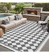 HUGEAR Outdoor Waterproof Rug 6'x9' Plastic Straw Rugs Washable Reversible Floor Mat Grey Plaid C...