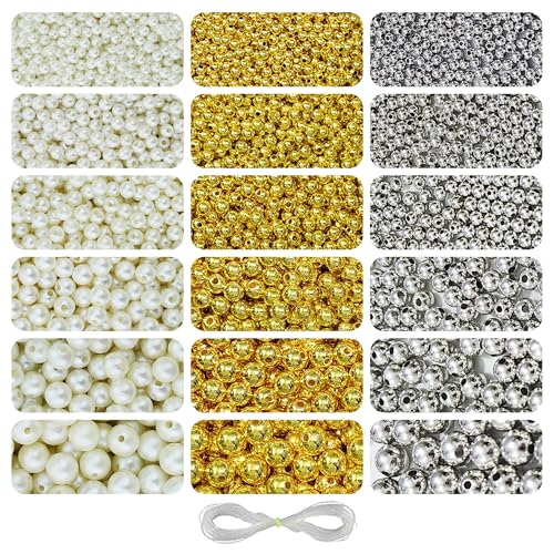 Image of 1800 Pcs Off White + Pcs 1800 Silver + 1800 Pcs Golden Pearl Beads for Jewellery Making Kit - Plastic Beads for Bracelet Making Kit - Pearls for Craft - Sizes 4, 5, 6, 8, 10, 12mm - 540g