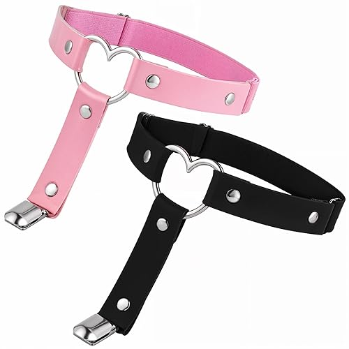 2 Pièces Jarretières en Cuir Coeur Punk Gothique Jarretière Réglable Antidérapant Clip Femme Halloween Carnaval Cosplay Accessoires de Fête - Rose Noir