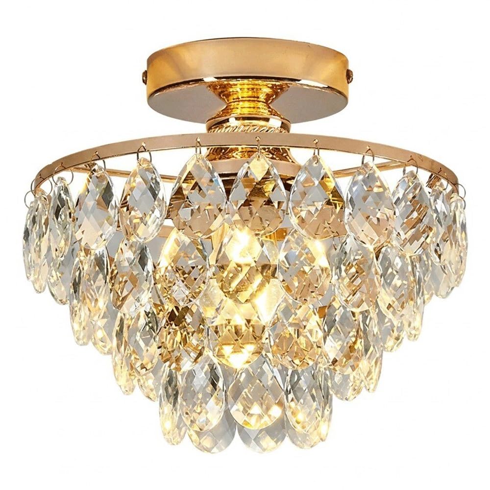 MESOVFCA Modern Crystal Flush Mount Ceiling Light Black Gold Iron Ceiling Lamp 10 Inch Diameter Lighting Fixture for Hallway Entryway Bathroom Bedroom E26 Base(Gold)