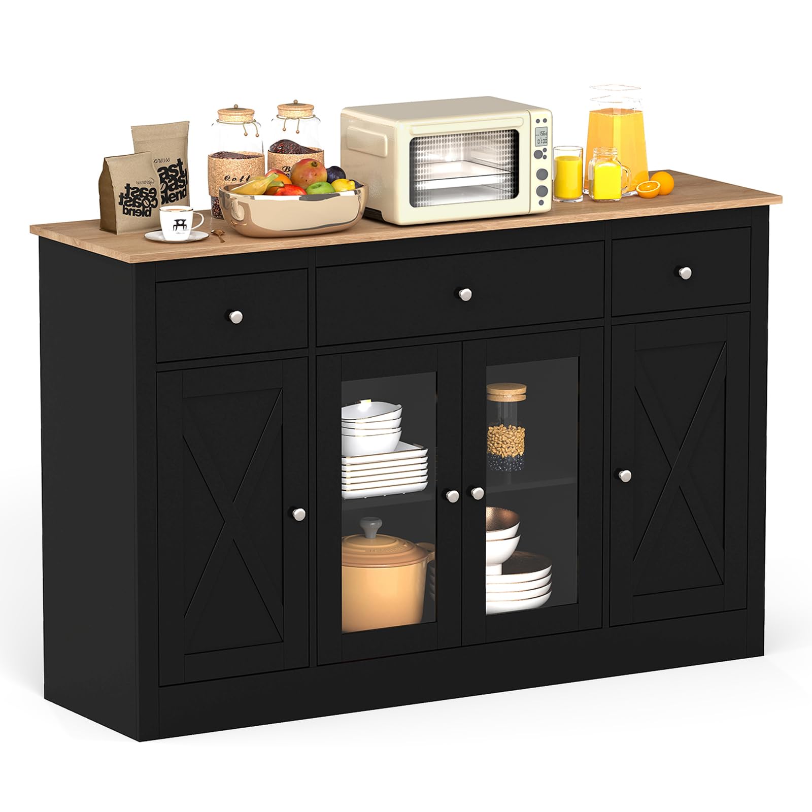 COSTWAY Buffet, Meuble de Cuisine avec 3 Tiroirs, 2 Portes Vitrées, Étagères Réglables, Style Compagne, Kits Anti-basculement, 140 x 40 x 90 cm, Meuble de Rangement pour Salle à Manger, Salon (Noir)