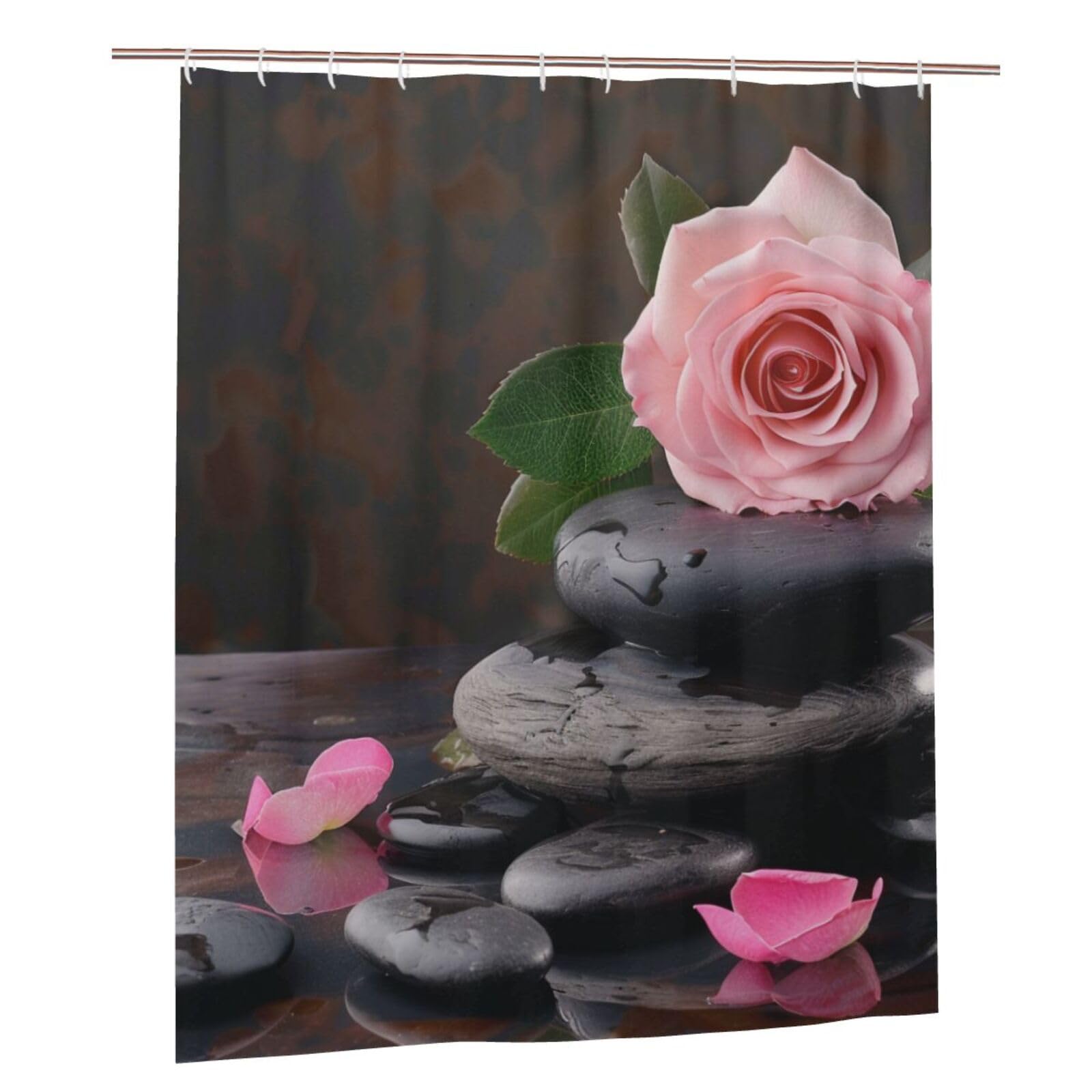 BWWHCCTI Spa Stone And Rose Flowers Printed Shower Curtain With 12 Plastic Hooks Opaque Quick Drying Waterproof Shower Curtains Sets For Bathroom 152x183 Cm