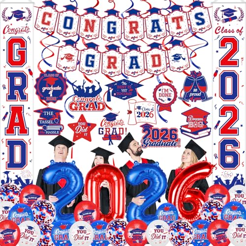 38Pcs Red and Blue 2026 Graduation Decorations Set - Congrats Grad Banner Grad Hanging Swirls 2026 Porch Banner and Foil Balloons for 2026 Graduation Party Decorations Red and Blue