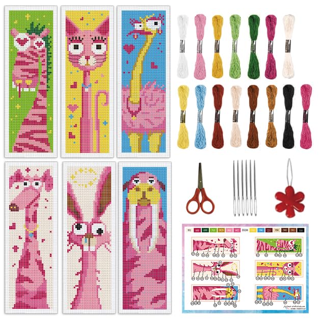 Image of INFUNLY 6pcs Abstract Animal DIY Cross Stitch Bookmark Kits for Beginners Pink Theme Cross Stitch Kit with Instruction Bunny Cat Dog Stamped Embroidery Bookmark Kit for Book Lovers Readers Gift