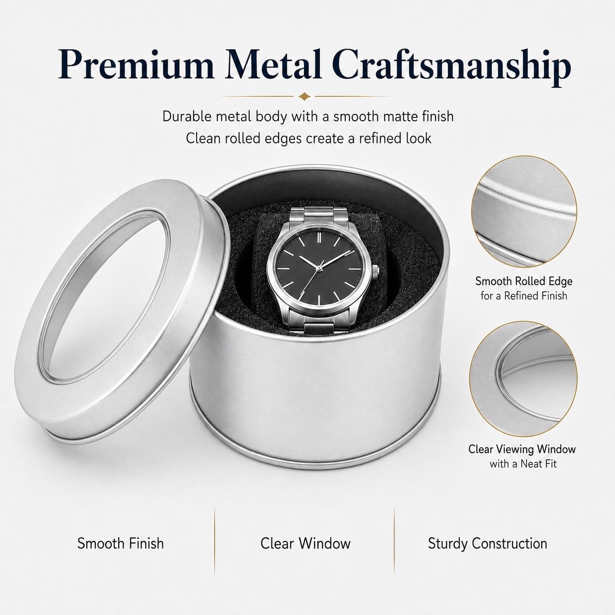 Metal Single Watch Travel Case with Removable Pillow, Durable Watch Case for Men with Clear Viewing Window, Watch Storage Box For Display and Travel