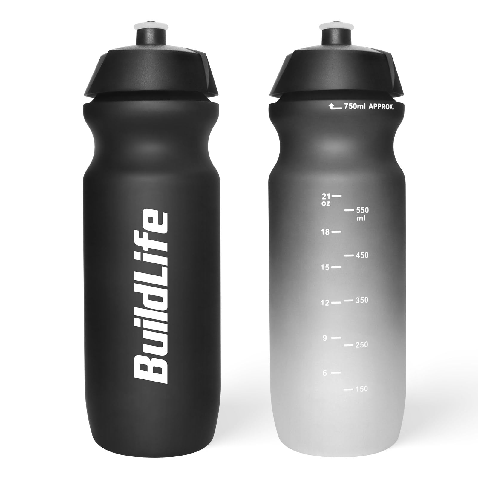 BuildLife Sport Water Bottle 2 Pack, 750ml Squeeze Bottle, BPA Free & Leak Proof Dishwasher Safe Cycling Bottles for Working Out, Fitness, Hiking, Outdoor Sports (Black+BlackWhite) โ image 1