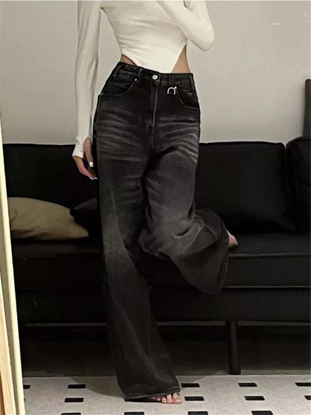 Women Vintage Baggy Jeans Retro Straight Parachute Pants Denim Trousers