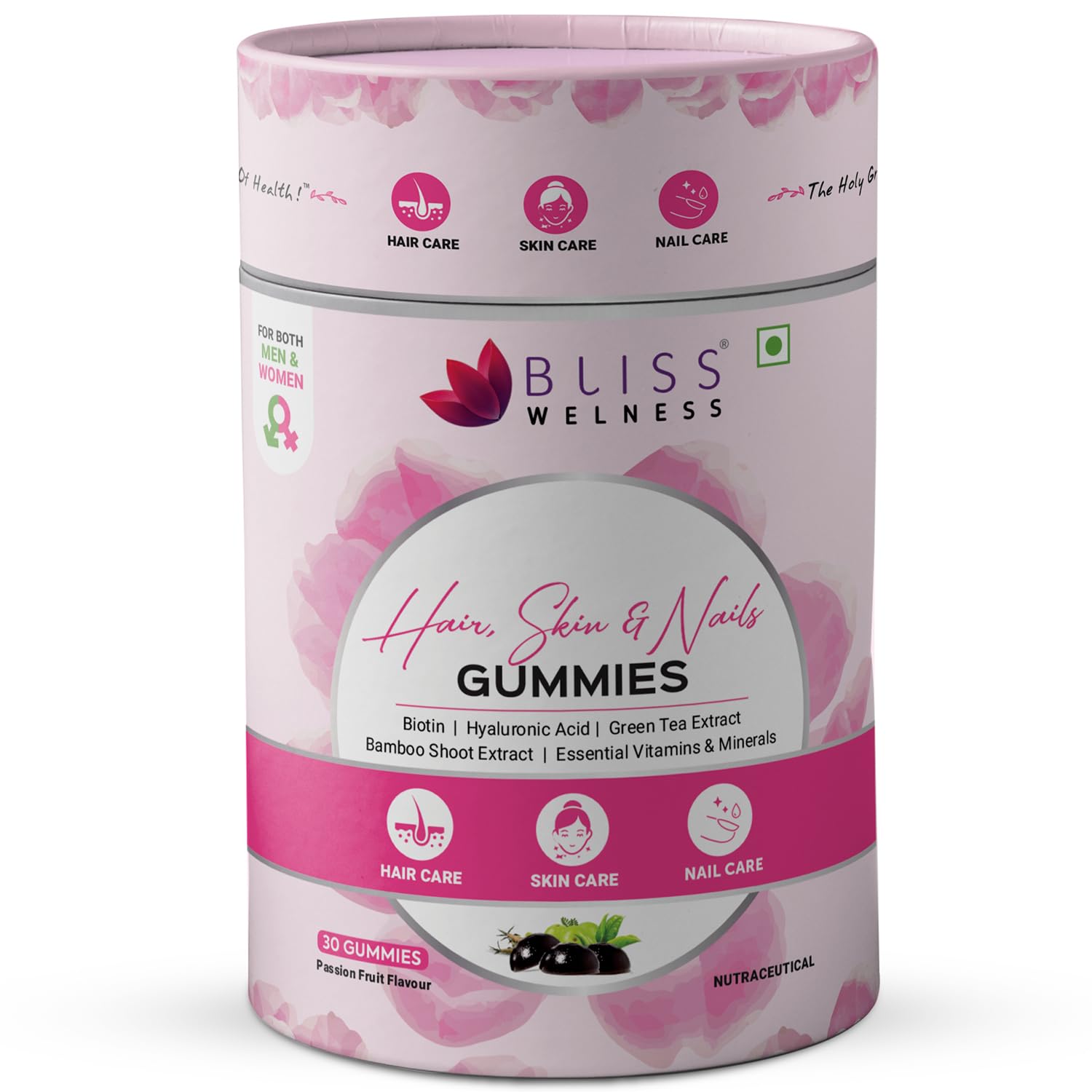Bliss Welness Hair, Skin & Nails Gummies with Biotin, Hyaluronic Acid, Green Tea Extract, Bamboo Shoot & Multivitamin and Minerals | Supports Hair Strength, Skin Hydration & Nail Health | Mixed Fruit Flavor, 30 Gummies