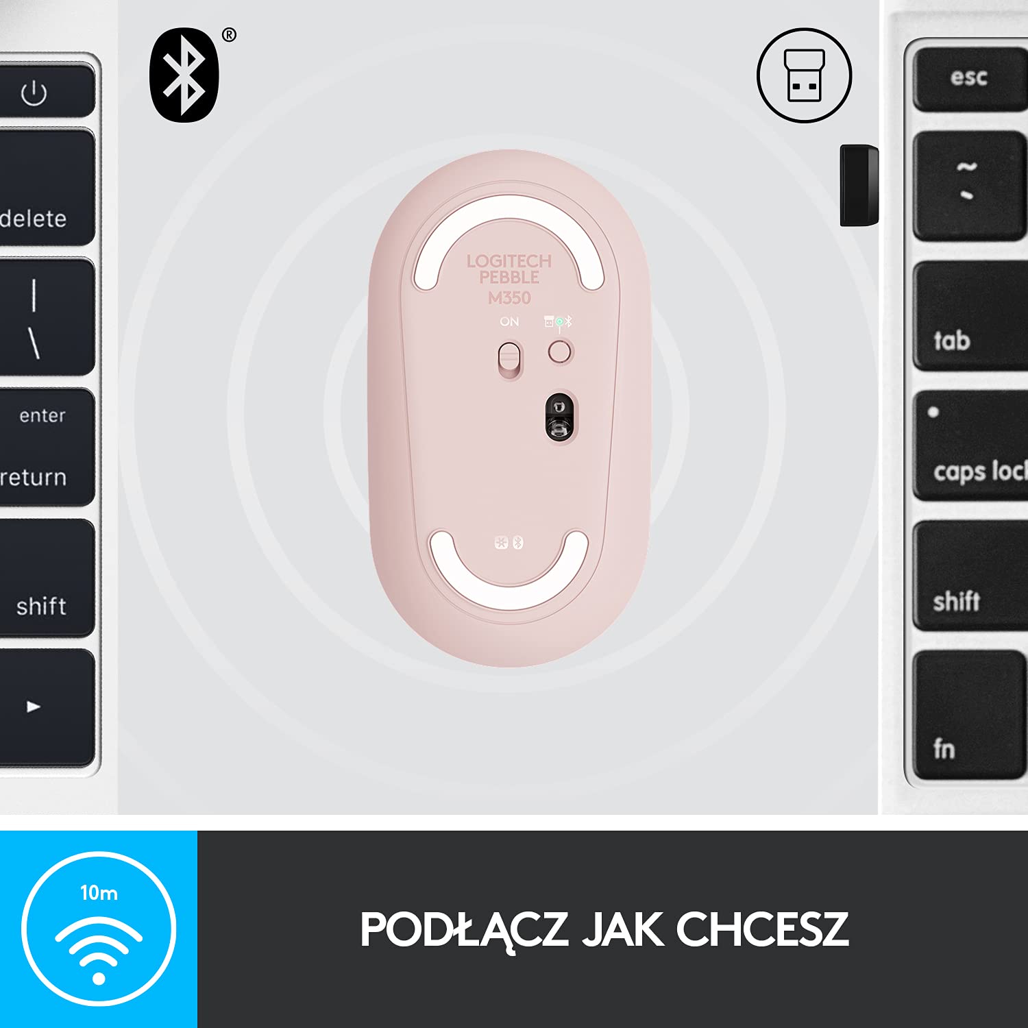 Logitech Pebble Mysz bezprzewodowa z Bluetooth | Odbiornik 2,4 Ghz, cicha, smukła mysz komputerowa dla laptopów / notebooków / iPadów / PC / Mac / Chromebook - Różowy