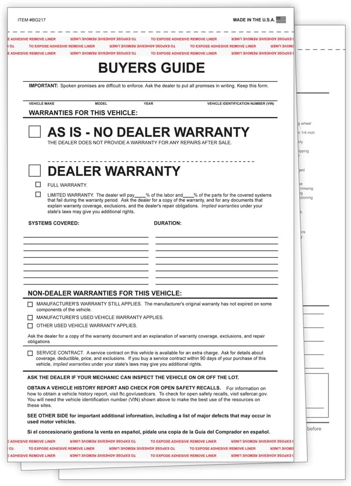 Buyers Guide Car Dealers - Self Adhesive As/is Warranty Form - 2 Part - New Version with Lines - 100 per Pack - Shrink Wrapped