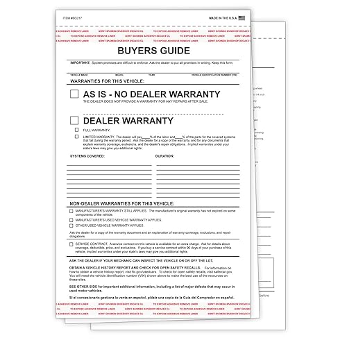 Buyers Guide Car Dealers - Self Adhesive As/is Warranty Form
