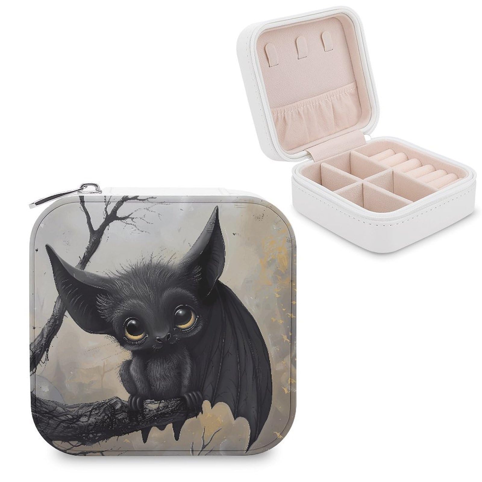 VstaDank Bat Travel Jewelry Case Zipper Portable Small Jewelry Box Custom Pu Leather Mini Traveling Jewelry Organizer for Rings Earrings Necklace Bracelet Girls Women