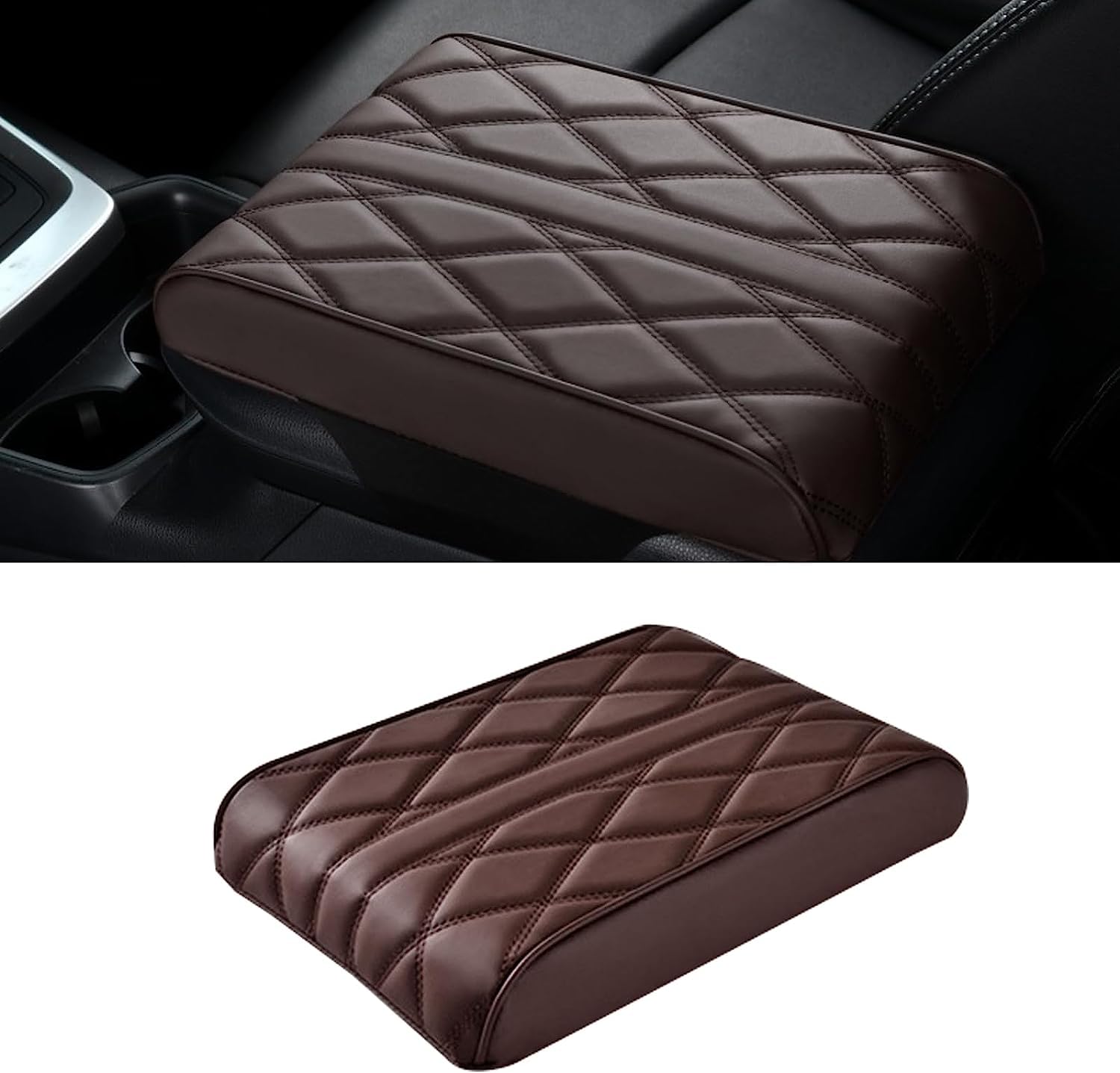 gunhunt Pack-1 Car Armrest Box Pad, Memory Foam Leather Car Center Console Cover, Rhombus Texture Armrest Box Mat, Comfort Elbow, Suitable for Most Vehicles, SUVs, Trucks, Cars (Coffee)