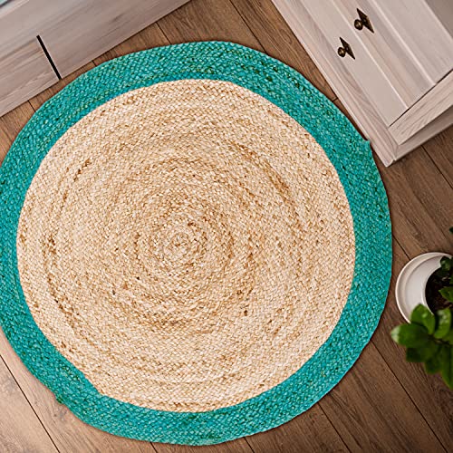 CHARDIN HOME Jute Braided Boho Round Rug Natural Jute with Teal Blue Border | 3 feet Round Farmhouse Jute Area Rug | Artisnal Bohemian Handcrafted Home DÃ©cor
