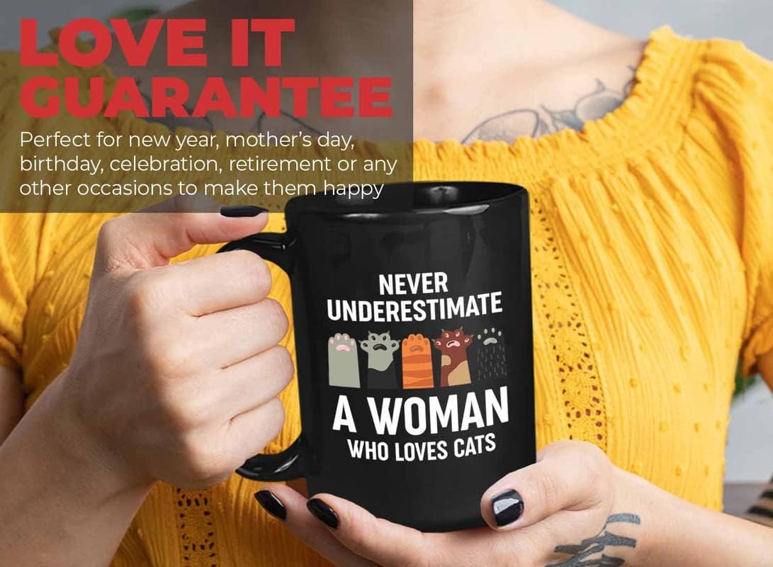 Bubble Hugs Never Underestimate Coffee Mug 15oz Black - Woman Who Loves Cats B - Man Religious Women Coworker Student Cycling Christian Granfather Music Lover Atheletes Medical Healthcare