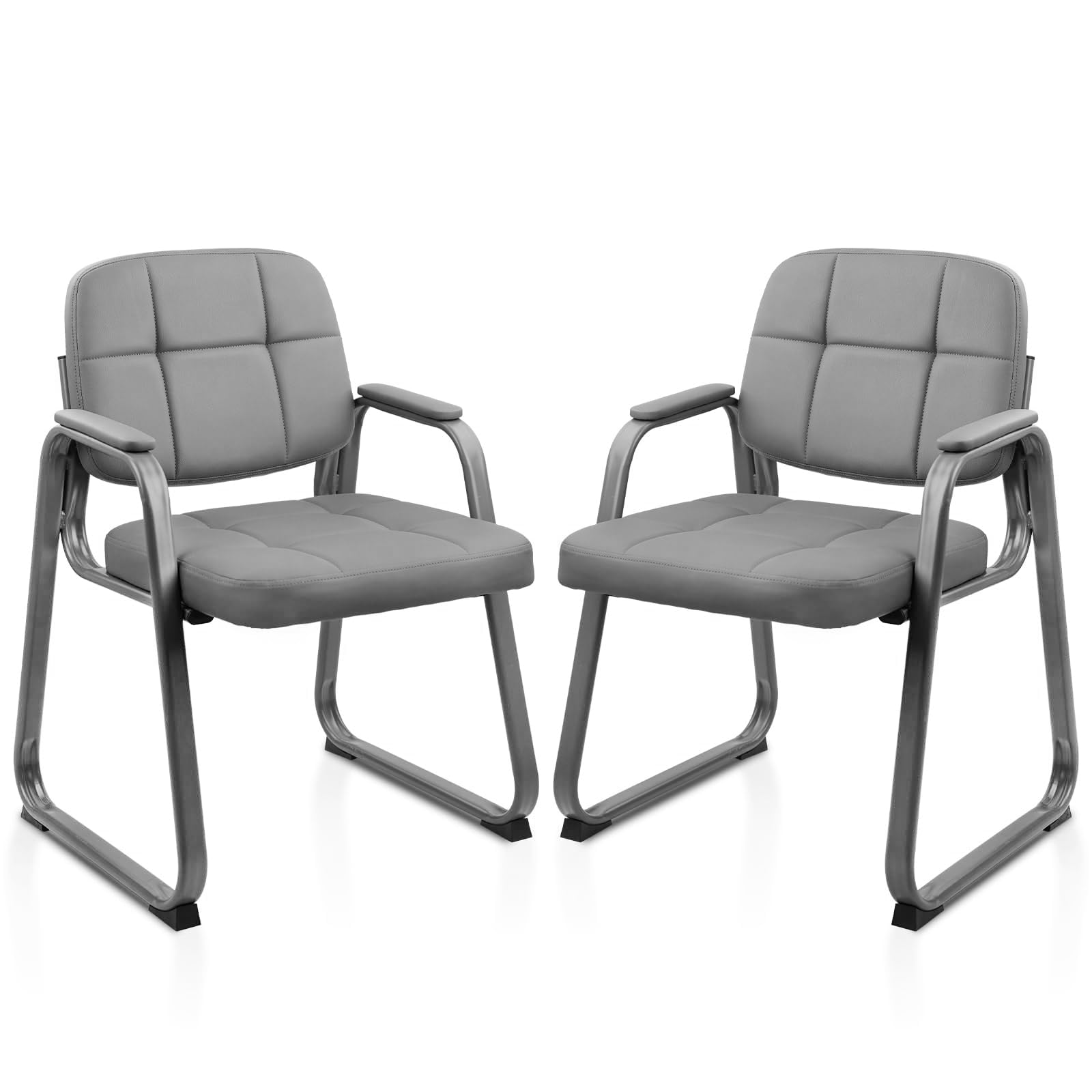 CLATINA Guest Waiting Reception Chair with Bonded Leather Thick Cushion and Padded Arm Rest, Sled Base Stationary Desk Chairs for Office Conference Meeting Lobby Hall Side Break Room, Grey, 2 Pack