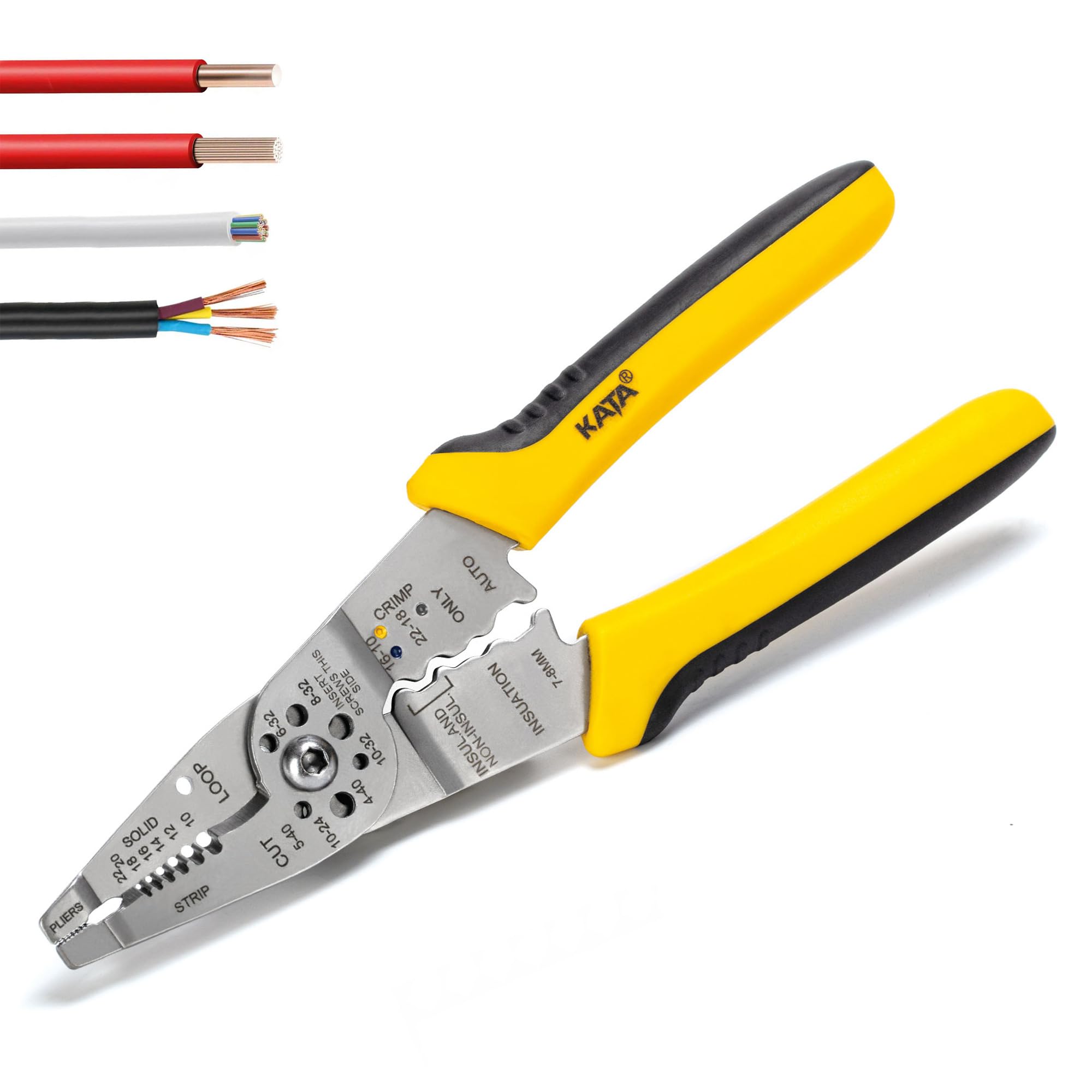 KATA Wire Stripper Tool for Electricians - Professional 8 Inch Wire Stripping Crimping Cutting Plier for 10-22 AWG Electrical Wires - Multipurpose Hand Tool with Non-slip Grip for Cable Strippers
