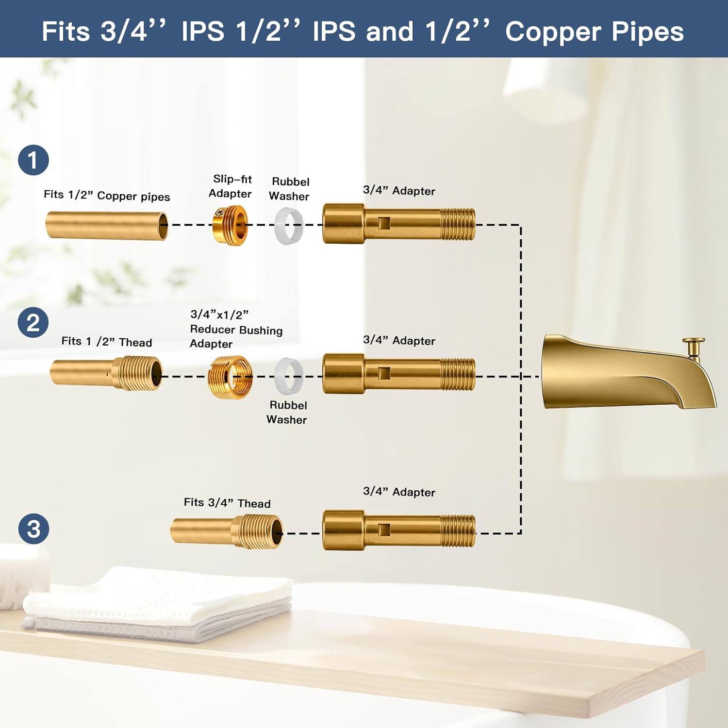 Bathtub Spout with Diverter, All Metal,5.3 Inch Tub Spout, Fits 1/2" Copper Slip-On and 1/2" or 3/4" IPS Threaded Pipes, Leak-Free, Slip Fit Tub Spout with Pull-Up Diverter，Brushed Gold