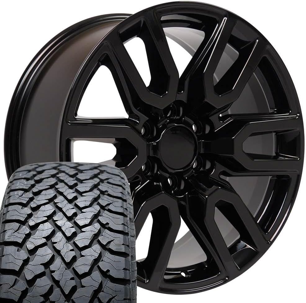 OE Wheels CV36 20 Inch Rims and Tires Fit Sierra 1500 Style 6x139.7 20x9 Gloss Black - Hollander 5914 - TS-37 AT 275/55-20 (Set of 4)